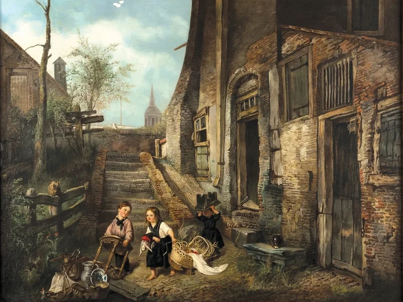 1820-Jan Fabius - Scorcio di villaggio con bambini che giocano